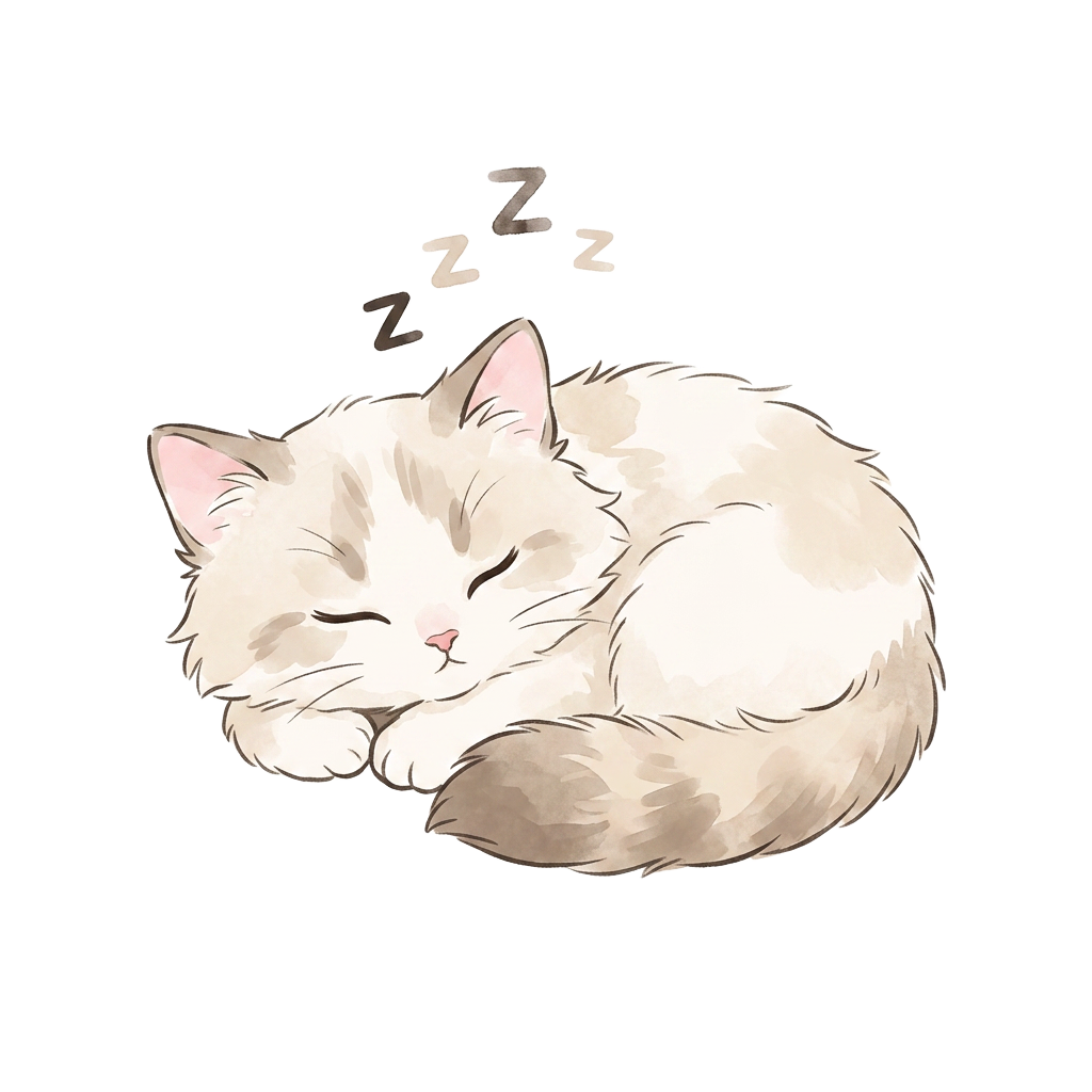 Sleepy Puck the Ragdoll cat curled up next to an empty scoop bag
